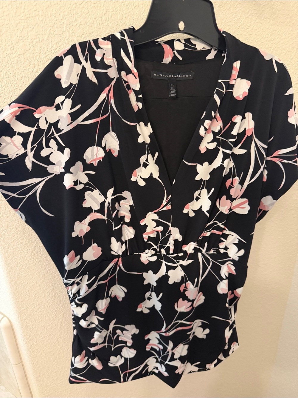 White House Black Market Black Floral Wrap-Style Blouse